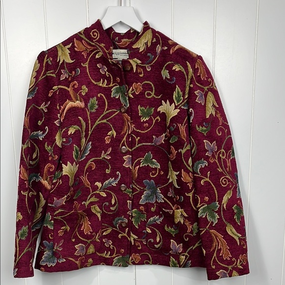 Appleseeds Jackets & Blazers - Appleseeds Womens Jacket Wine Red 10M Floral Pattern Button Up Pockets Classy